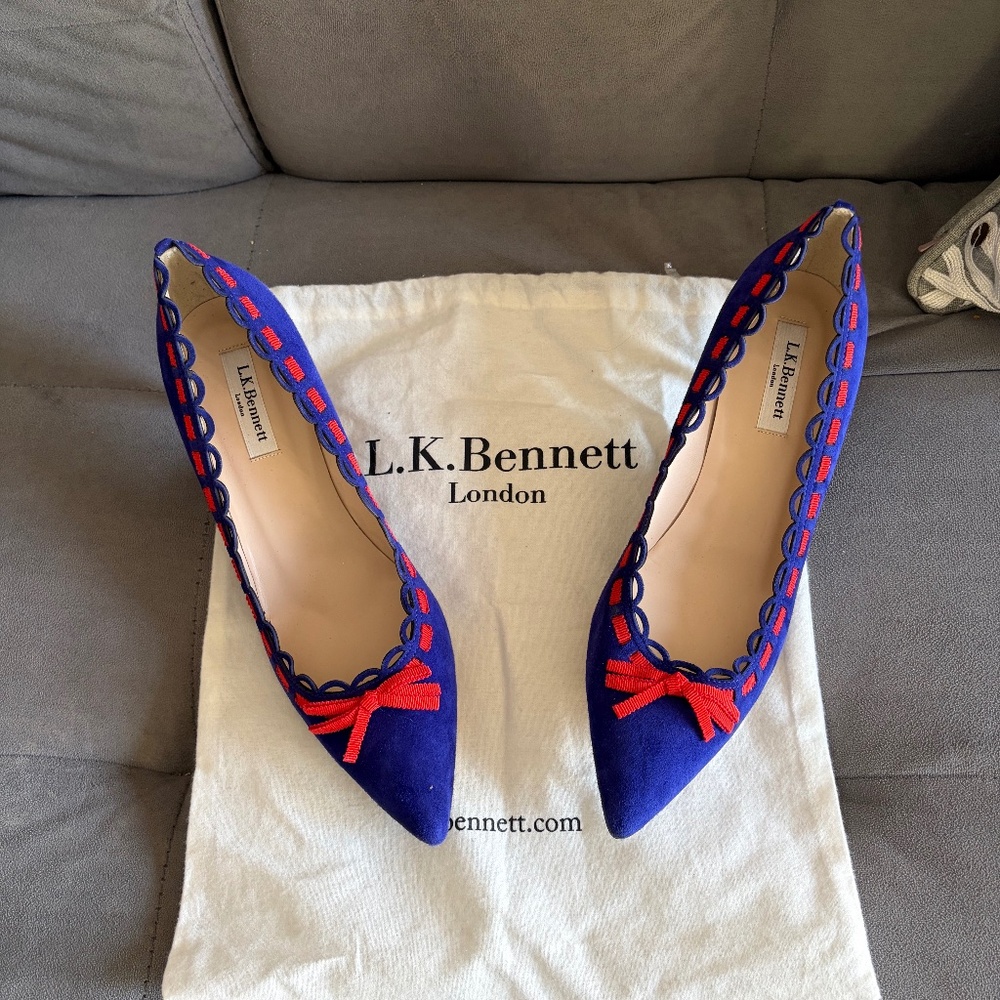 LK Bennett Blue Suede Heels w/Red Ribbon Accents Size 40